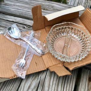 Vintage ONEIDA 1881 Rogers Divided Crystal Dish Spoon Fork Victorian 3 pc Set